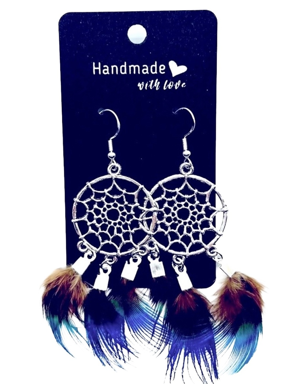 Handmade Sterling Silver Dream Catcher Earrings with Natural Feathers